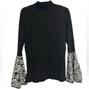 BEREK Black Mock Neck Top with Dramatic Floral Lace Bell Sleeves - Size Medium